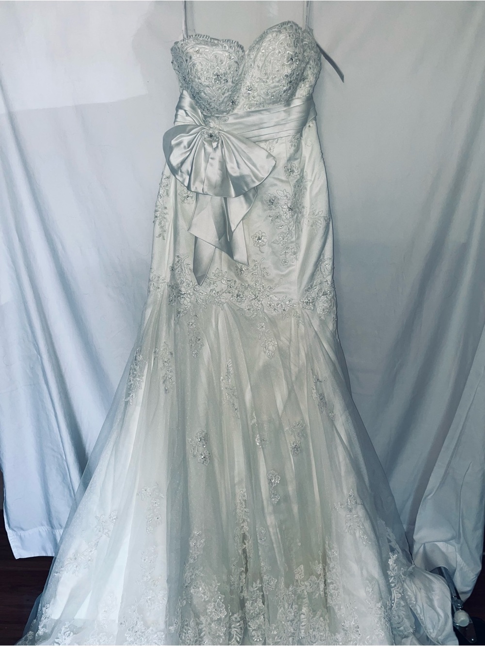Strapless Ivory Lace Mermaid Wedding Dress with Bow Accent